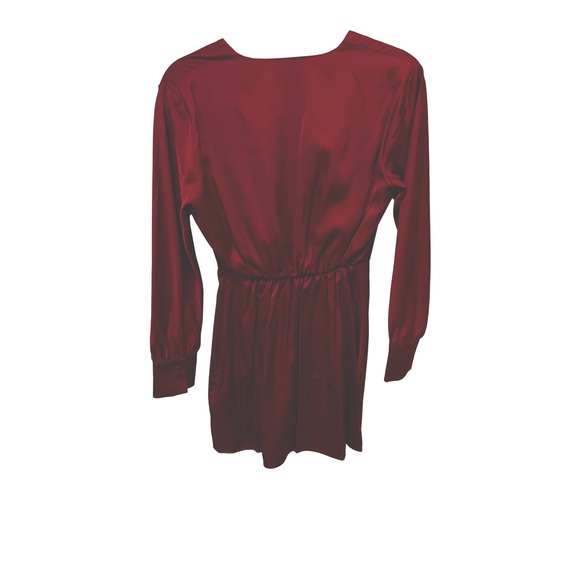 NWT Abercrombie Fitch Long Sleeve Deep V Neck Ruched Satin Mini Dress Red SP - Picture 4 of 5